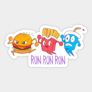 Fast food, hamburger, french fries and soda running funny design Sticker